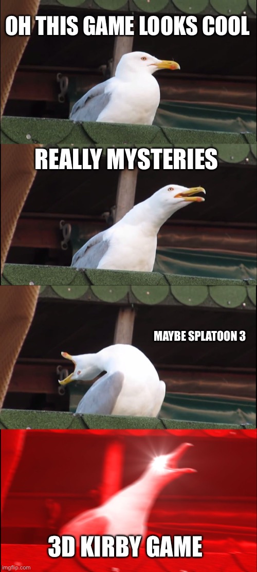 September direct be like | OH THIS GAME LOOKS COOL; REALLY MYSTERIES; MAYBE SPLATOON 3; 3D KIRBY GAME | image tagged in memes,inhaling seagull | made w/ Imgflip meme maker