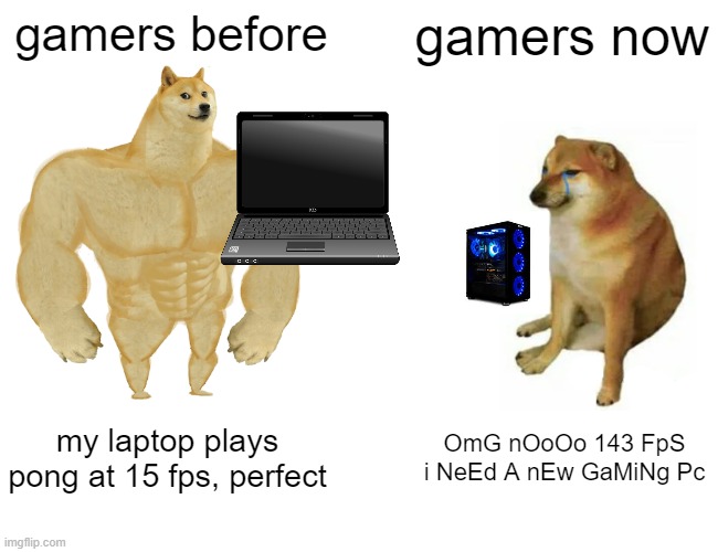 True... |  gamers before; gamers now; my laptop plays pong at 15 fps, perfect; OmG nOoOo 143 FpS i NeEd A nEw GaMiNg Pc | image tagged in memes,buff doge vs cheems,gaming,fun,funny memes,pc gaming | made w/ Imgflip meme maker
