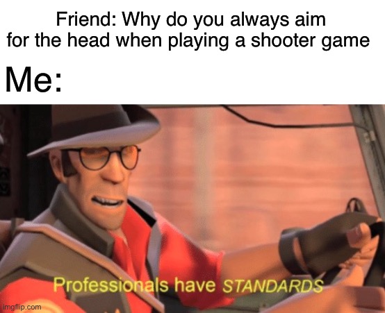 Accurate | Friend: Why do you always aim for the head when playing a shooter game; Me: | image tagged in professionals have standards | made w/ Imgflip meme maker