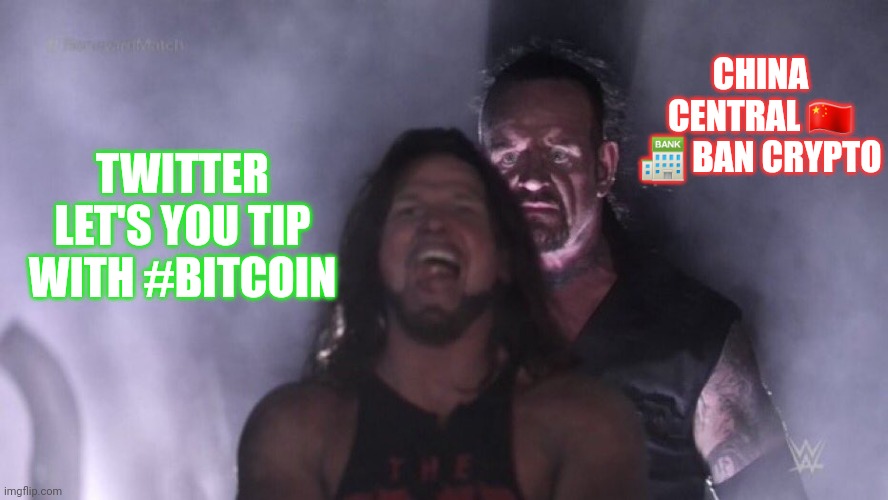 AJ Styles & Undertaker | CHINA CENTRAL 🇨🇳 🏦 BAN CRYPTO; TWITTER LET'S YOU TIP WITH #BITCOIN | image tagged in aj styles undertaker | made w/ Imgflip meme maker