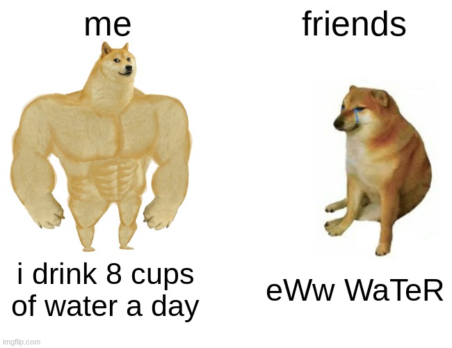 Buff Doge vs. Cheems | me; friends; i drink 8 cups of water a day; eWw WaTeR | image tagged in memes,buff doge vs cheems,goodgoodwater | made w/ Imgflip meme maker