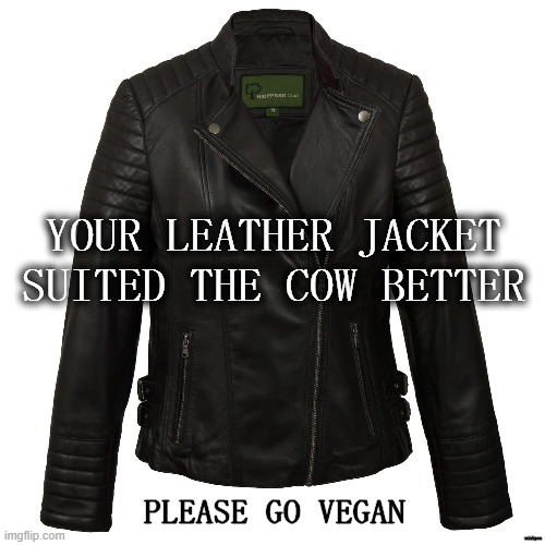 Leather 4 | YOUR LEATHER JACKET SUITED THE COW BETTER; PLEASE GO VEGAN; minkpen | image tagged in vegan,leather,belt,bag,shoes,jacket | made w/ Imgflip meme maker