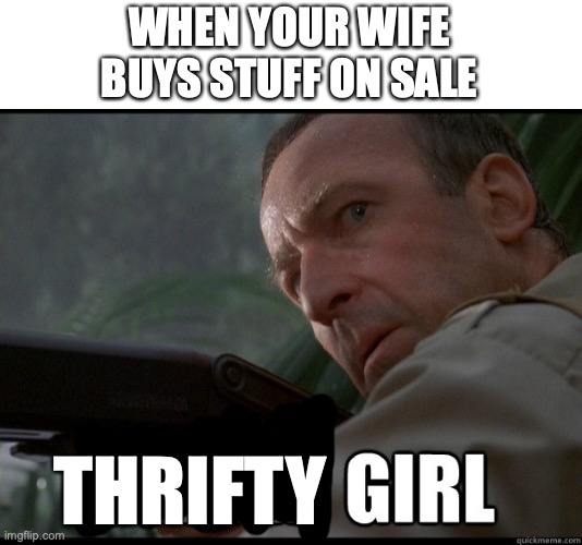 She's so thrifty |  WHEN YOUR WIFE BUYS STUFF ON SALE; THRIFTY | image tagged in clever girl,thrift store,wife | made w/ Imgflip meme maker