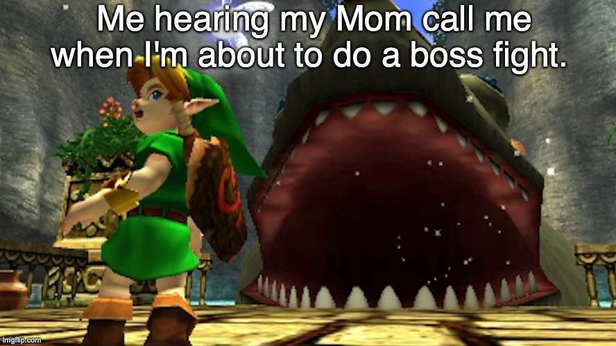 Me hearing my Mom call me when I'm about to do a boss fight. | image tagged in legend of zelda,link,mom,boss | made w/ Imgflip meme maker