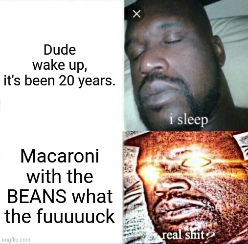 Sleeping Shaq | Dude wake up, it's been 20 years. Macaroni with the BEANS what the fuuuuuck | image tagged in memes,sleeping shaq | made w/ Imgflip meme maker