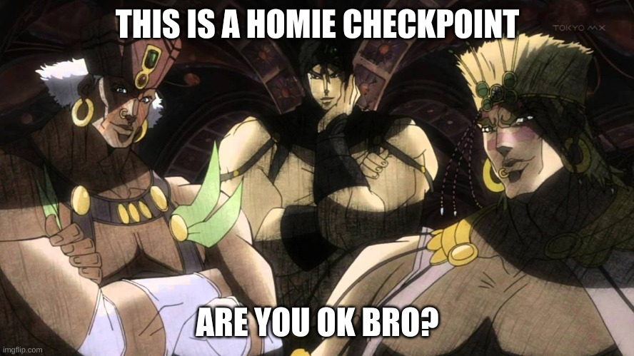 are you guys ok? | THIS IS A HOMIE CHECKPOINT; ARE YOU OK BRO? | image tagged in pillar men,homie checkpoint,jojo's bizarre adventure | made w/ Imgflip meme maker