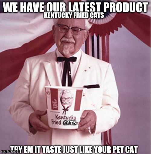 thought it was Kentucky fried cats... | WE HAVE OUR LATEST PRODUCT; KENTUCKY FRIED CATS; CATS; TRY EM IT TASTE JUST LIKE YOUR PET CAT | image tagged in kfc colonel sanders | made w/ Imgflip meme maker