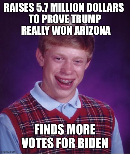 Well, that was a waste of time and money. | RAISES 5.7 MILLION DOLLARS 
TO PROVE TRUMP
 REALLY WON ARIZONA; FINDS MORE VOTES FOR BIDEN | image tagged in memes,bad luck brian,biden won,trump lost,get over it | made w/ Imgflip meme maker