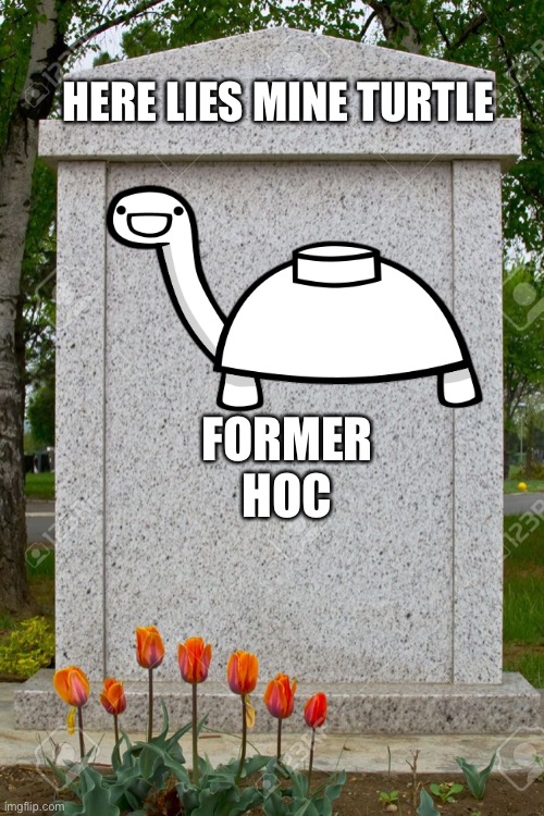 He didn’t even have a chance to redeem himself for his inactive HoC spell which saw him replaced with temporary HoC IncognitoGuy | HERE LIES MINE TURTLE; FORMER HOC | image tagged in blank gravestone | made w/ Imgflip meme maker