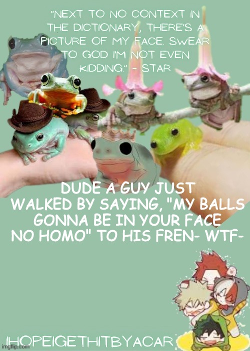 Green temp | DUDE A GUY JUST WALKED BY SAYING, "MY BALLS GONNA BE IN YOUR FACE NO HOMO" TO HIS FREN- WTF- | image tagged in green temp | made w/ Imgflip meme maker