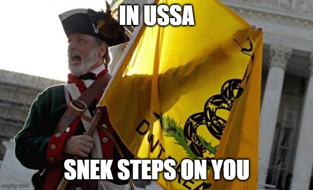 Proto-Fascists Whining About Their "Liberty" Without Caring About Your Liberty | IN USSA; SNEK STEPS ON YOU | image tagged in tea party,fascists,freedom,liberty,gadsden flag,snek | made w/ Imgflip meme maker