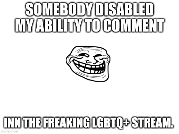 B r u h I didn't do anything |  SOMEBODY DISABLED MY ABILITY TO COMMENT; INN THE FREAKING LGBTQ+ STREAM. | image tagged in blank white template,hehehe,im gay,stop,am i disabled | made w/ Imgflip meme maker