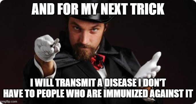 Household Magician | AND FOR MY NEXT TRICK; I WILL TRANSMIT A DISEASE I DON'T HAVE TO PEOPLE WHO ARE IMMUNIZED AGAINST IT | image tagged in household magician,immunization,disease | made w/ Imgflip meme maker