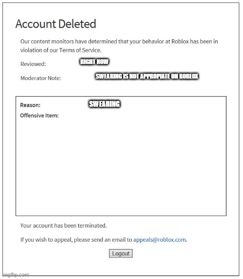 banned from ROBLOX | RIGHT NOW SWEARING IS NOT APPROPIATE ON ROBLOX SWEARING | image tagged in banned from roblox | made w/ Imgflip meme maker