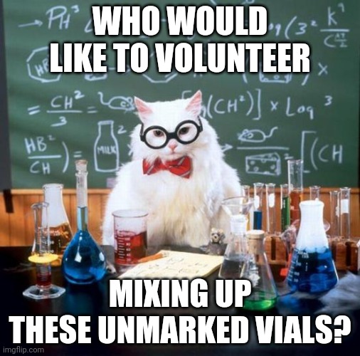 Chemistry Cat |  WHO WOULD LIKE TO VOLUNTEER; MIXING UP THESE UNMARKED VIALS? | image tagged in memes,chemistry cat | made w/ Imgflip meme maker