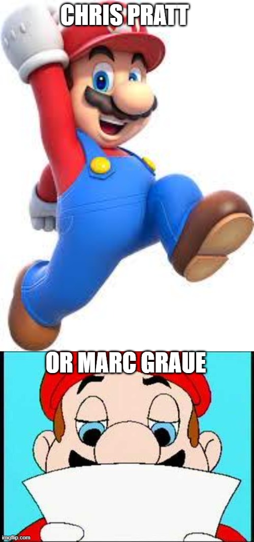 CHRIS PRATT; OR MARC GRAUE | image tagged in mario,hotel mario letter | made w/ Imgflip meme maker