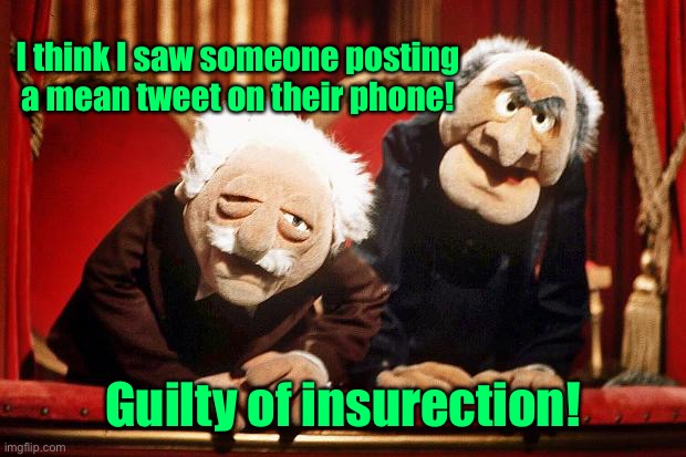 Muppet Smart Asses -- R.I.P. Henson | I think I saw someone posting a mean tweet on their phone! Guilty of insurection! | image tagged in muppet smart asses -- r i p henson | made w/ Imgflip meme maker