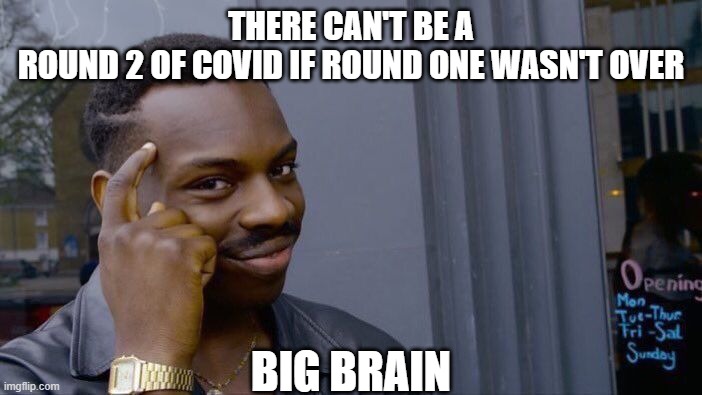 Roll Safe Think About It | THERE CAN'T BE A ROUND 2 OF COVID IF ROUND ONE WASN'T OVER; BIG BRAIN | image tagged in memes,roll safe think about it | made w/ Imgflip meme maker