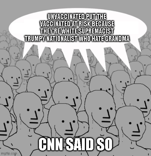 CNN Said So | UNVACCINATED PUT THE VACCINATED AT RISK BECAUSE THEY'RE WHITE SUPREMACIST TRUMPY NATIONALIST WHO HATE GRANDMA; CNN SAID SO | image tagged in npc,covid,cnn,just because,normies | made w/ Imgflip meme maker