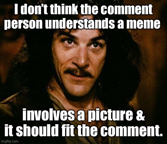 Inigo Montoya Meme | I don’t think the comment person understands a meme involves a picture & it should fit the comment. | image tagged in memes,inigo montoya | made w/ Imgflip meme maker