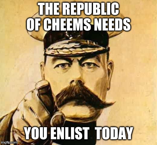 Your Country Needs YOU |  THE REPUBLIC OF CHEEMS NEEDS; YOU ENLIST  TODAY | image tagged in your country needs you | made w/ Imgflip meme maker