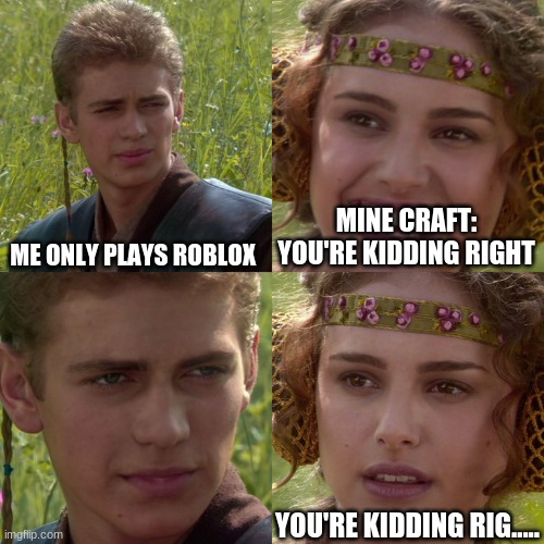 Anakin Padme 4 Panel | ME ONLY PLAYS ROBLOX; MINE CRAFT: YOU'RE KIDDING RIGHT; YOU'RE KIDDING RIG..... | image tagged in anakin padme 4 panel | made w/ Imgflip meme maker