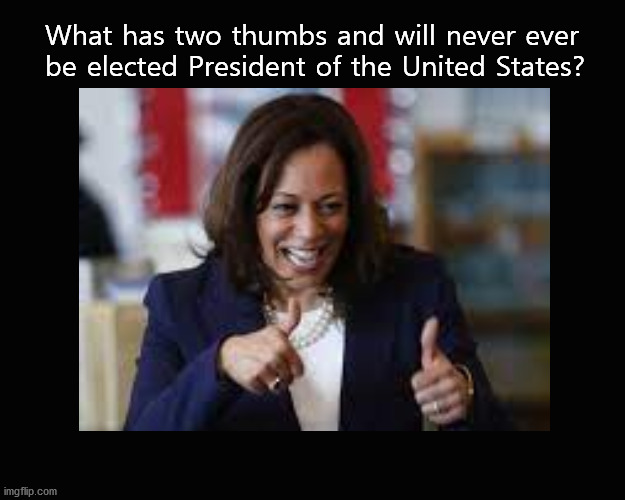 What has two thumbs and will never, ever be elected President? | What has two thumbs and will never ever
be elected President of the United States? | image tagged in kamala harris | made w/ Imgflip meme maker