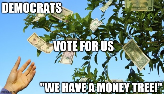 Democrats - Vote for Us - We have a money tree | DEMOCRATS; VOTE FOR US; "WE HAVE A MONEY TREE!" | image tagged in money tree,democrats,republicans,trump,usa,debt | made w/ Imgflip meme maker