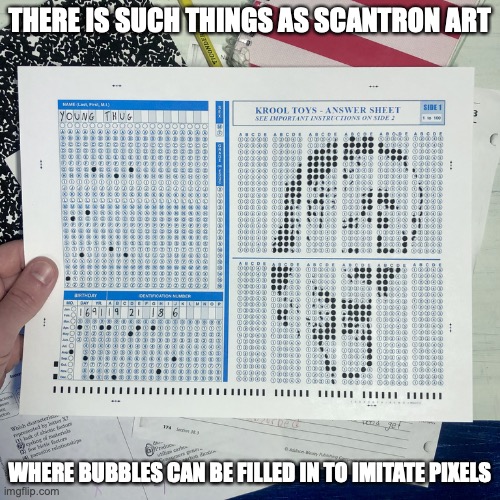 Scantron Art | THERE IS SUCH THINGS AS SCANTRON ART; WHERE BUBBLES CAN BE FILLED IN TO IMITATE PIXELS | image tagged in scantron,memes,art | made w/ Imgflip meme maker