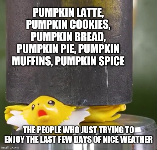 Pumpkin |  PUMPKIN LATTE, PUMPKIN COOKIES, PUMPKIN BREAD, PUMPKIN PIE, PUMPKIN MUFFINS, PUMPKIN SPICE; THE PEOPLE WHO JUST TRYING TO ENJOY THE LAST FEW DAYS OF NICE WEATHER | image tagged in pumpkin spice,fall | made w/ Imgflip meme maker