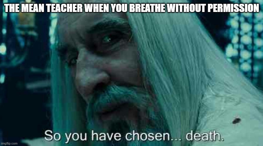 i hate these teachers so much | THE MEAN TEACHER WHEN YOU BREATHE WITHOUT PERMISSION | image tagged in so you have chosen death,mean teachers | made w/ Imgflip meme maker