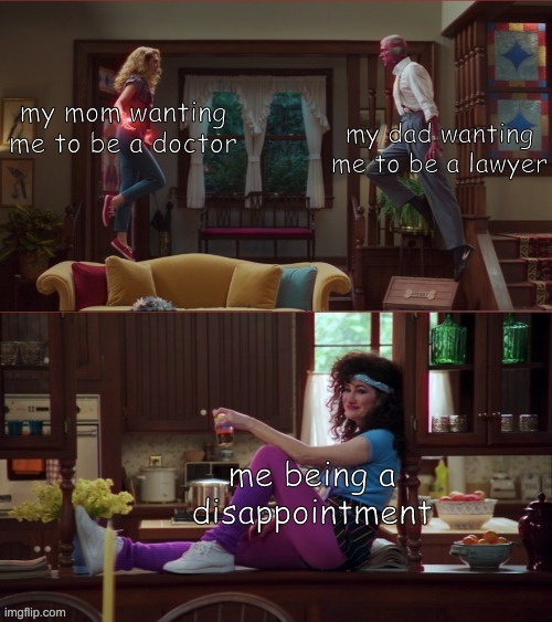 Wanda/Vision/Agnes | my mom wanting me to be a doctor; my dad wanting me to be a lawyer; me being a disappointment | image tagged in wanda/vision/agnes,memes,funny | made w/ Imgflip meme maker