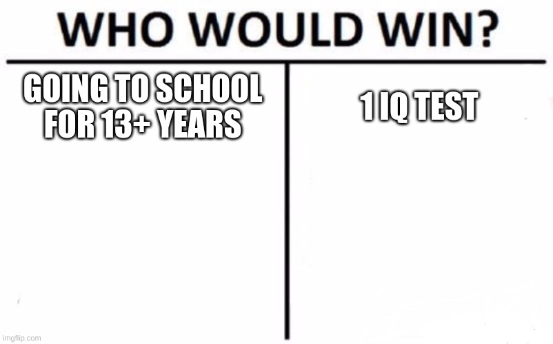 Who Would Win? | GOING TO SCHOOL FOR 13+ YEARS; 1 IQ TEST | image tagged in memes,who would win | made w/ Imgflip meme maker