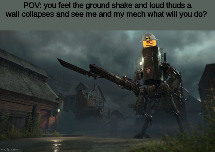 what will you do | POV: you feel the ground shake and loud thuds a wall collapses and see me and my mech what will you do? | made w/ Imgflip meme maker