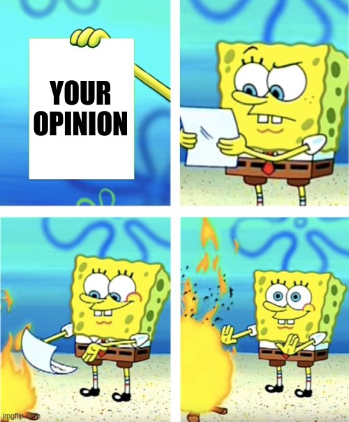 send this to someone when you need to give them a good comeback. | YOUR OPINION | image tagged in spongebob burning paper | made w/ Imgflip meme maker