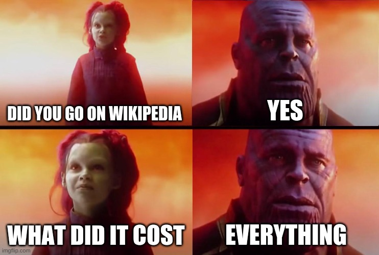 thanos what did it cost | DID YOU GO ON WIKIPEDIA; YES; WHAT DID IT COST; EVERYTHING | image tagged in thanos what did it cost | made w/ Imgflip meme maker