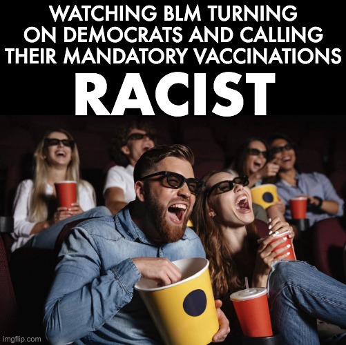 Enjoy the Show | WATCHING BLM TURNING ON DEMOCRATS AND CALLING THEIR MANDATORY VACCINATIONS; RACIST | image tagged in covid-19,vaccines,democrats,blm,racist | made w/ Imgflip meme maker