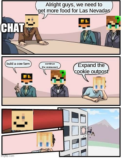 Basically Quackity's new stream | Alright guys, we need to get more food for Las Nevadas; CHAT; build a cow farm; continue the restaurant; Expand the cookie outpost | image tagged in memes,boardroom meeting suggestion | made w/ Imgflip meme maker