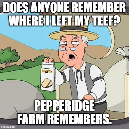 Pepperidge Farm Remembers Meme | DOES ANYONE REMEMBER WHERE I LEFT MY TEEF? PEPPERIDGE FARM REMEMBERS. | image tagged in memes,pepperidge farm remembers | made w/ Imgflip meme maker