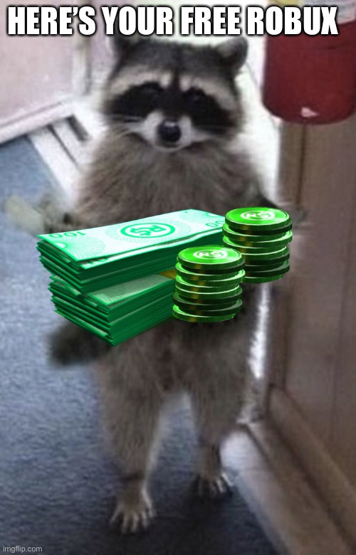 I got robux | HERE’S YOUR FREE ROBUX | image tagged in racoon holding cat | made w/ Imgflip meme maker