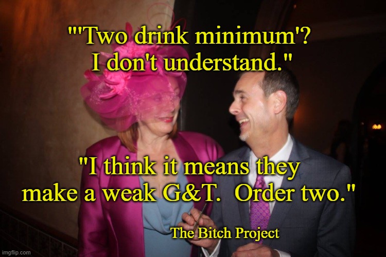 "'Two drink minimum'?  I don't understand."; "I think it means they make a weak G&T.  Order two."; The Bitch Project | image tagged in funny memes | made w/ Imgflip meme maker