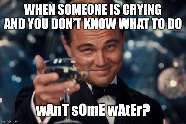 Leonardo Dicaprio Cheers | WHEN SOMEONE IS CRYING AND YOU DON’T KNOW WHAT TO DO; wAnT sOmE wAtEr? | image tagged in memes,leonardo dicaprio cheers | made w/ Imgflip meme maker