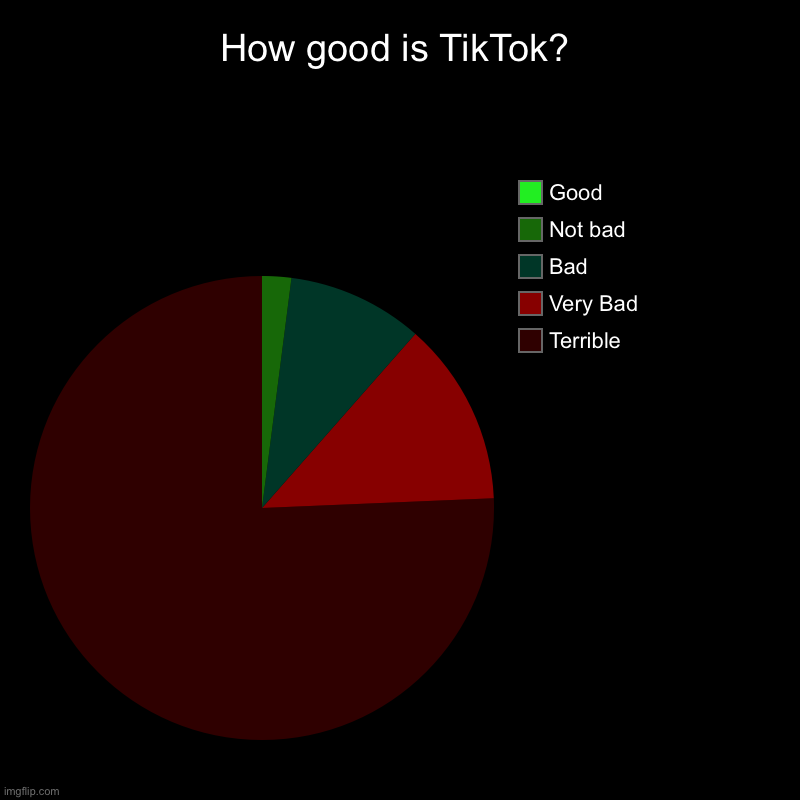 Pie charts | How good is TikTok? | Terrible, Very Bad , Bad , Not bad, Good | image tagged in charts,pie charts,memes,tiktok sucks | made w/ Imgflip chart maker