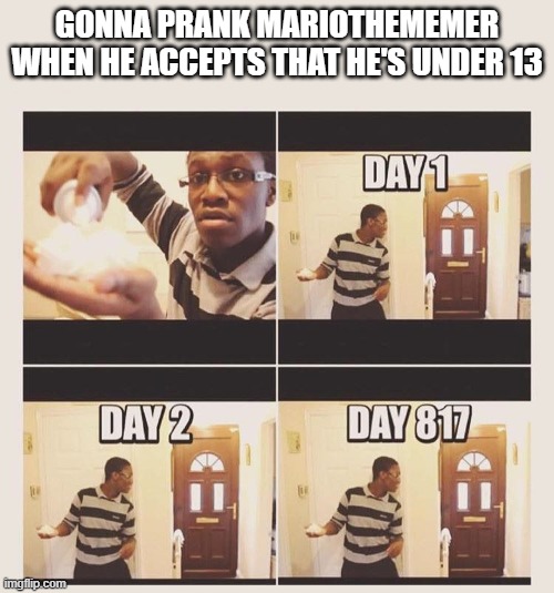 He's like 7 or something. | GONNA PRANK MARIOTHEMEMER WHEN HE ACCEPTS THAT HE'S UNDER 13 | image tagged in gonna prank x when he/she gets home | made w/ Imgflip meme maker
