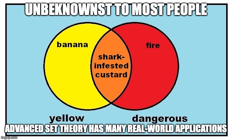 Set Theory | UNBEKNOWNST TO MOST PEOPLE; ADVANCED SET THEORY HAS MANY REAL-WORLD APPLICATIONS | image tagged in funny,memes | made w/ Imgflip meme maker