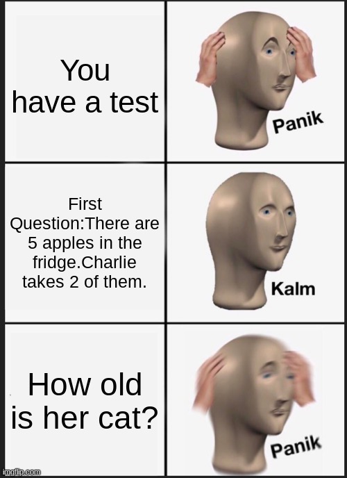 Panik Kalm Panik | You have a test; First Question:There are 5 apples in the fridge.Charlie takes 2 of them. How old is her cat? | image tagged in memes,panik kalm panik | made w/ Imgflip meme maker