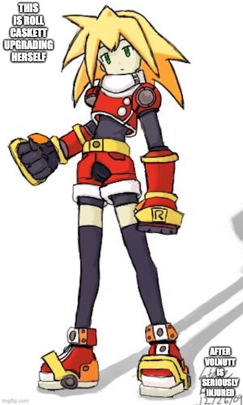 Caskett in Armor | THIS IS ROLL CASKETT UPGRADING HERSELF; AFTER VOLNUTT IS SERIOUSLY INJURED | image tagged in megaman,megaman legends,memes | made w/ Imgflip meme maker