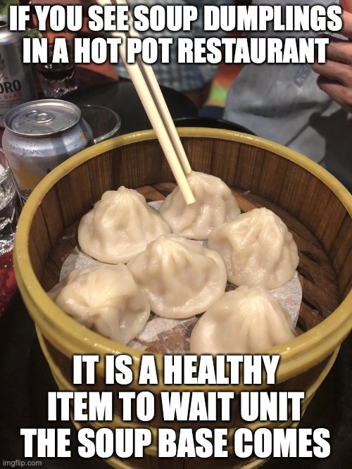 Soup Dumplings | IF YOU SEE SOUP DUMPLINGS IN A HOT POT RESTAURANT; IT IS A HEALTHY ITEM TO WAIT UNIT THE SOUP BASE COMES | image tagged in food,memes,restaurant | made w/ Imgflip meme maker