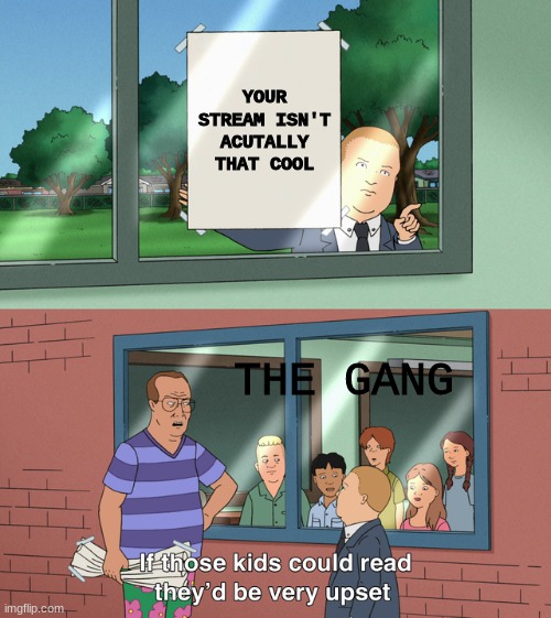 If those kids could read they'd be very upset | YOUR STREAM ISN'T ACUTALLY THAT COOL; THE GANG | image tagged in if those kids could read they'd be very upset | made w/ Imgflip meme maker