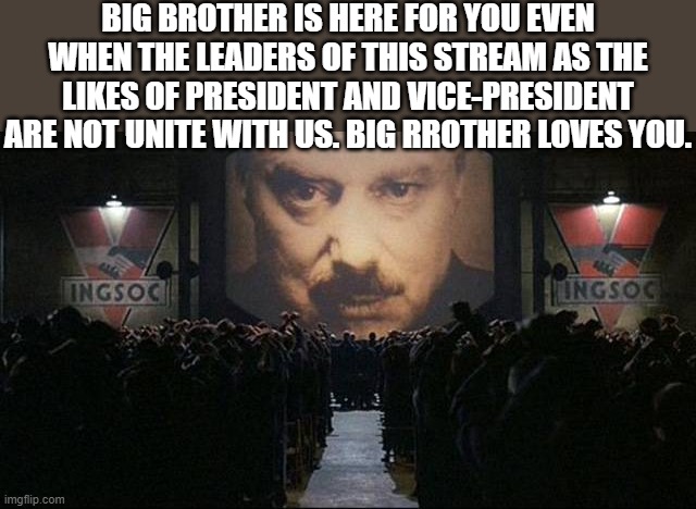 Down with the establishment | BIG BROTHER IS HERE FOR YOU EVEN WHEN THE LEADERS OF THIS STREAM AS THE LIKES OF PRESIDENT AND VICE-PRESIDENT ARE NOT UNITE WITH US. BIG RROTHER LOVES YOU. | image tagged in big brother 1984 | made w/ Imgflip meme maker